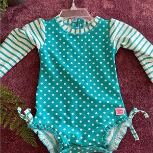 Ruffle Butts Teal Floral Long Sleeve Swimsuit with Pink Zipper Sz 18/24mths
